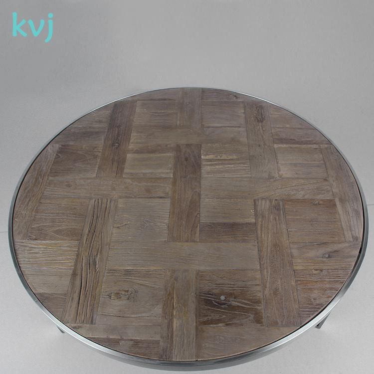 Kvj-7344 Round Stainless Steel Base Parquet Solid Wood Coffee Table