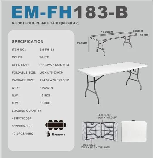 183cm 6FT Plastic Outdoor White Table for Wedding Party Event Dining Camping Party