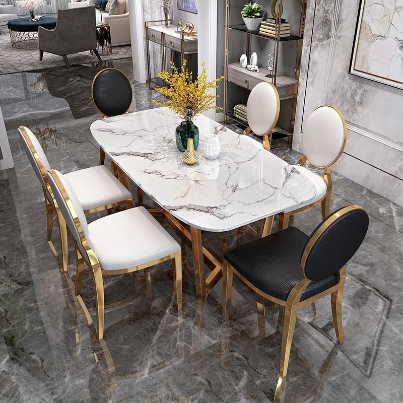 Rectangle Gold Designs White Marble Dining Table And 6 Chairs