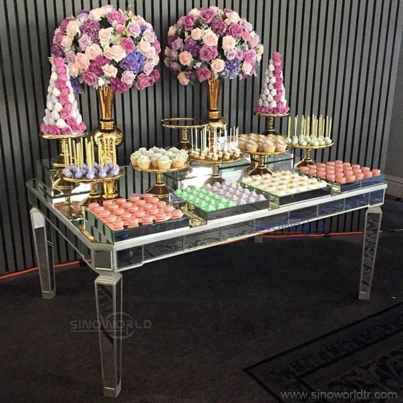 Round Gold Stainless Steel Glass Top Rectangular Cake Table for Wedding