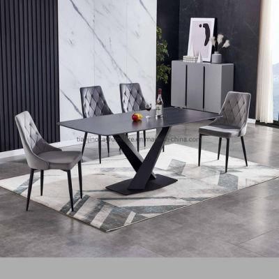 Marble Surface Slate Sintered Stone Top Modern Black Gold Color Ceramic Table with Metal Base Dining Table Sets