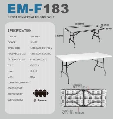 EU Standard White Cheap 6FT Plastic Resin HDPE Folding BBQ Grill Camping Restaurant Table -1.83m Commercial