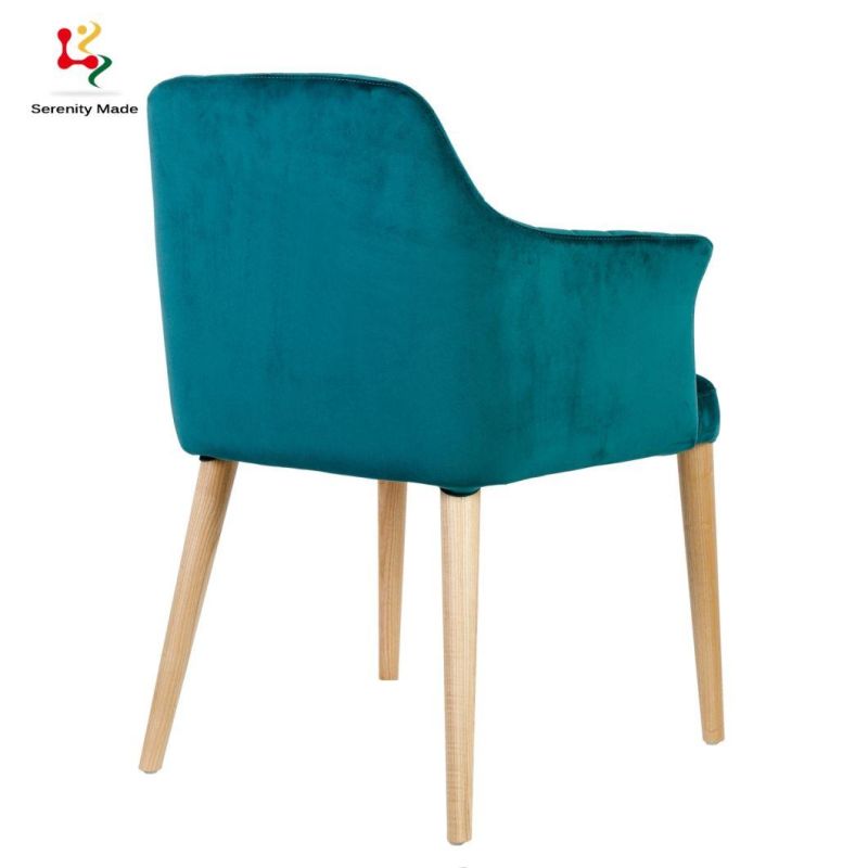 Modern Blue Velvet Upholstered Wooden Dining Armchair