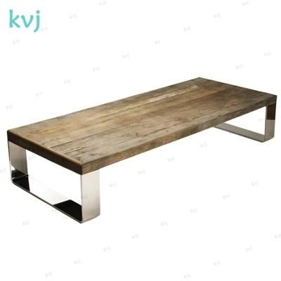 Kvj-7333 Industrial Antique Wooden Coffee Table with Steel Base