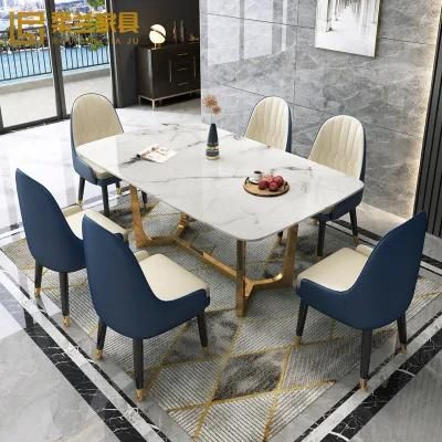 New Small Apartment Home Simple Modern Marble Rectangular Dining Table with Stainless Steel Metal Base