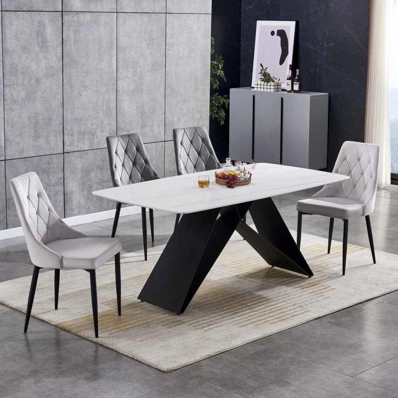 Modern Ceramic Top White Rectangle Dining Table with 6 Chairs Carbon Steel Base 6 People Dining Table