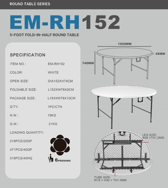 China Factory White Modern Simple Design Plastic Round Dining Table for Garden ,Meeting ,Event,Party,Wedding,School,Hotel,Dining Hall ,Restaurant,Camping,Offic