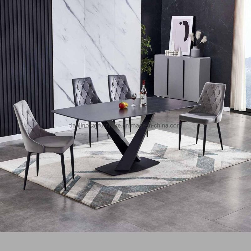 Marble Surface Slate Sintered Stone Top Modern Bulgaria Grey Color Ceramic Table with Metal Base Dining Table Sets