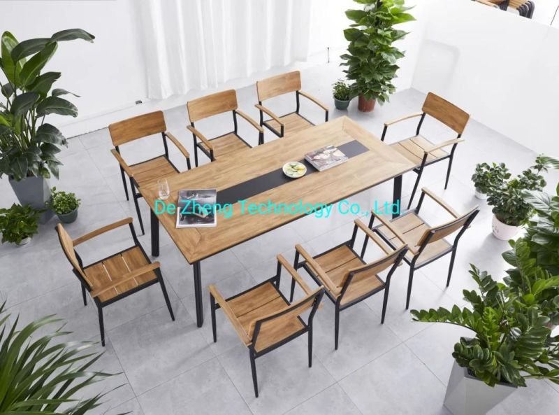 Aluminum Teak Wood Outdoor Furniture Waterproof Garden Dining Table and Chairs Set for Patio Use