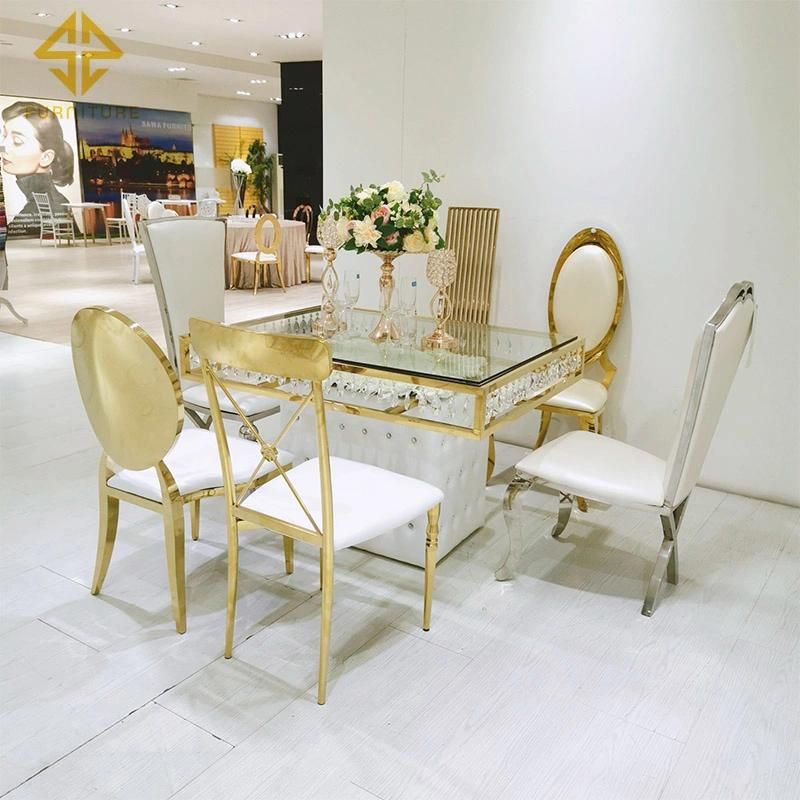 Customized Modern Furniture Gold Stainless Steel Glass Top Rectangular Cake Table for Wedding