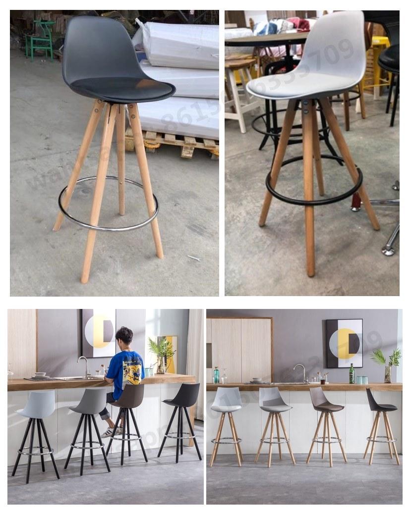 Modern PP Plastic Bar Stool Beech Wood High Chairs with PU Leather Upholstered Cushion