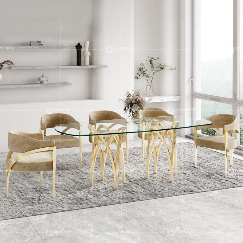 Rectangle Stainless Steel Tempered Glass Gold Mirrored Dining Room Tables