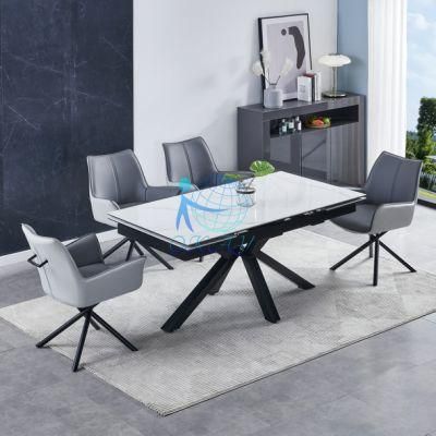 2022 New Design High Gloss Ceramic Top Extentable Big Size Dining Table with Metal Base