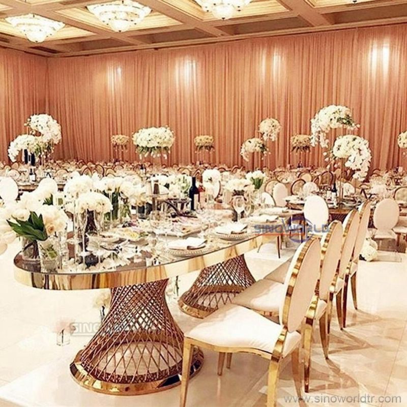 Luxury Home Furniture Glass Curved Marble Wedding Golden Stainless Steel Dining Table