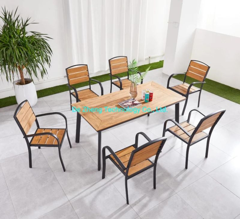 Aluminium Hotel Outdoor Dining Restaurant Rectangle Teak Wood Table for 6 People