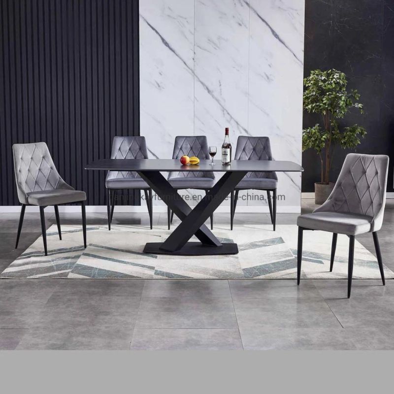 Marble Surface Slate Sintered Stone Top Modern White Gold Color Ceramic Table with Metal Base Dining Table Sets