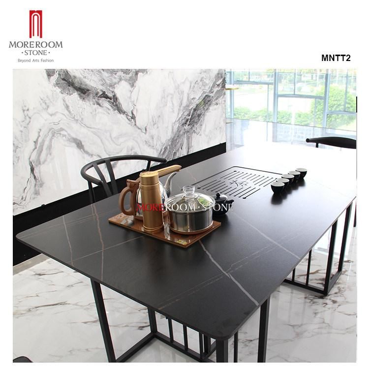 Big Size Custom Black Marble White Golden Veins Rectangle Porcelain Tile Dining Table Set