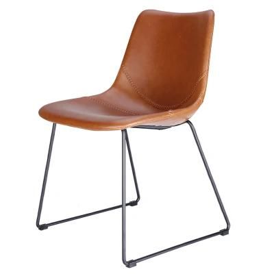 Nordic Fashion Italy Sedie Brown Leather Chair Dining Luxury Vintage Leather Dining Chair with Metal Frame