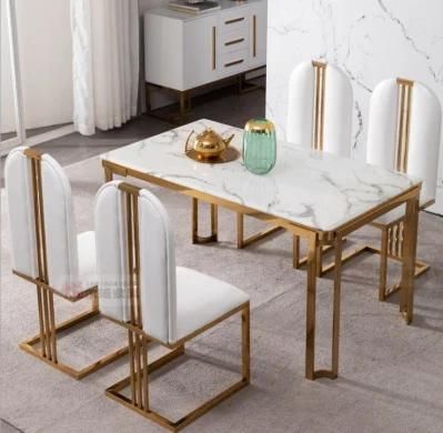 Nordic Luxury Style Gold Plated Dining Room Furniture Marble Top Stainless Steel Frame Dining Table