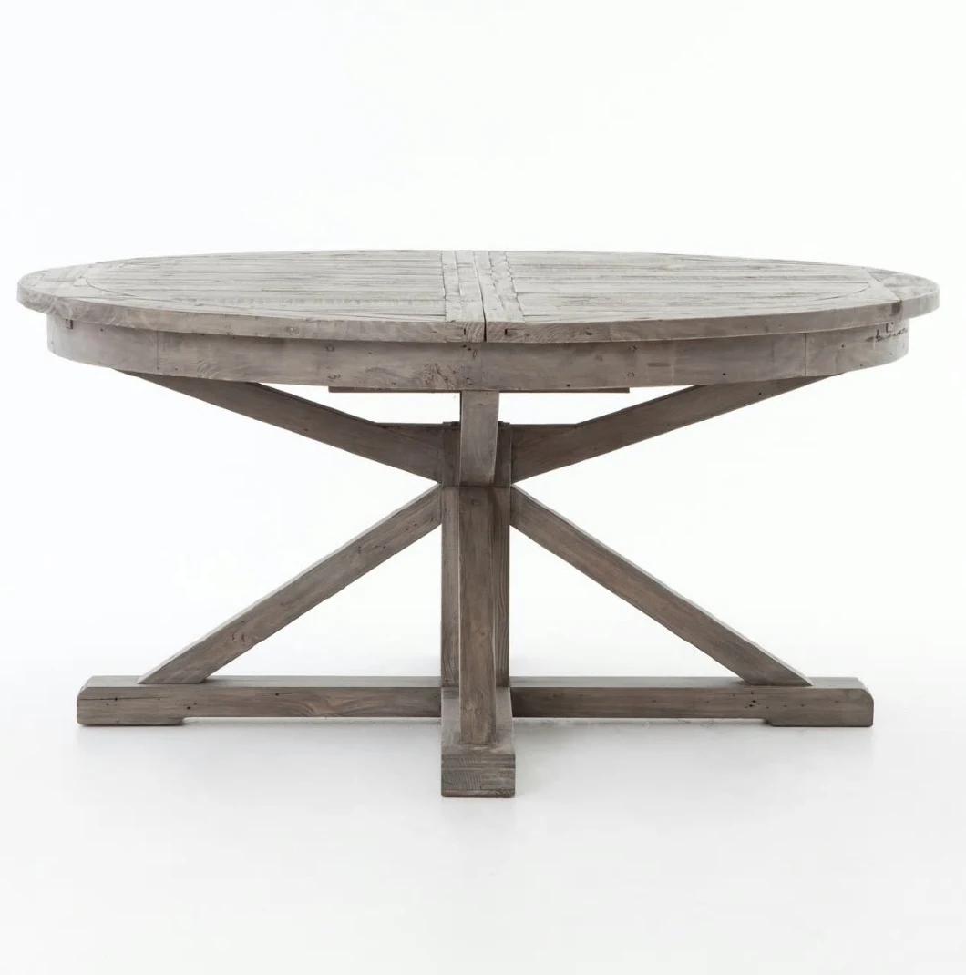 Kvj-Rr01 Reclaimed Wood Round Rustic Vintage Extension Dining Table