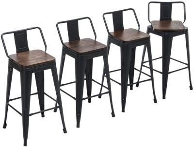 Black Metal Frame Legs High Bar Chair with Back and Wood Seat