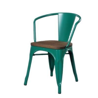 Cheap Stackable Industrial Outdoor Rustproof Cafe Rustic Metal Dining Chair with Wooden Cushion