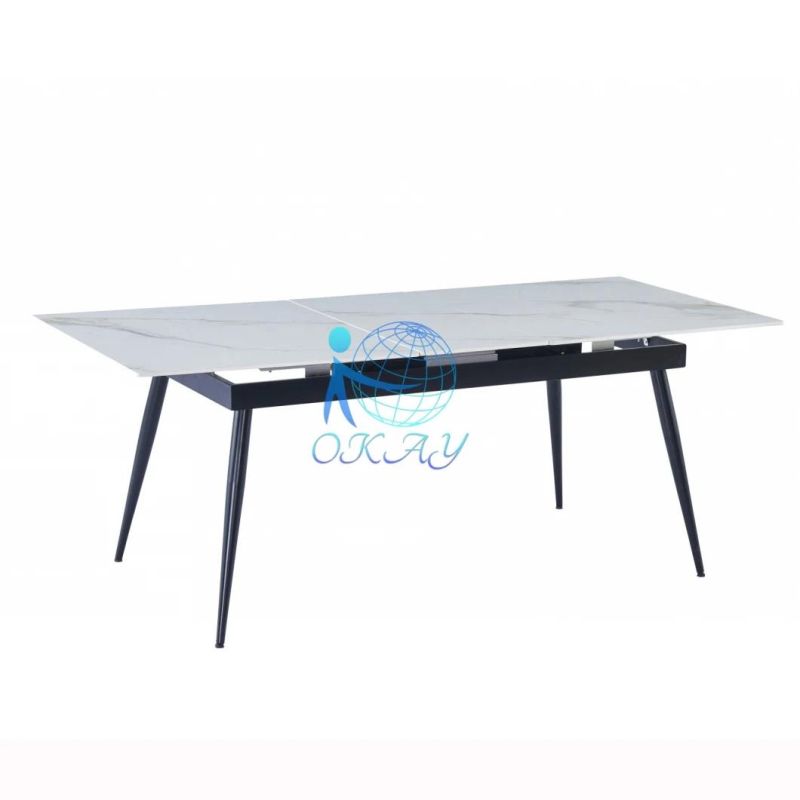 2022 Okay Best Seller High Gloss Italia Ceramic Dining Table with Metal Legs Lift Middle Top