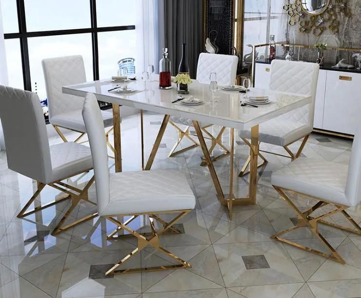 High Back Furniture Dining Chair Beige White Brown Pink Grey Gold Black Stainless Steel Metal PU Leather Dining Chair