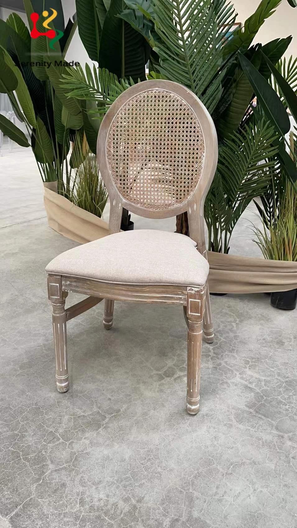 Event Hire Commerical Use Rustic Oak Wood Wedding Use Upholstered Seat with Rattan Backrest Dining Chair