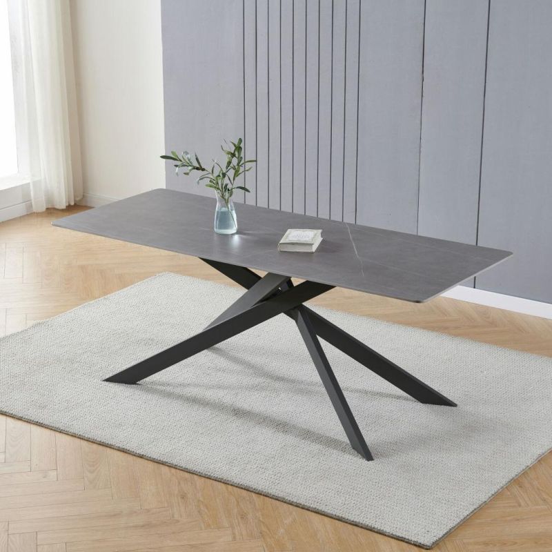 Modern Home Furniture Dining Room Black Metal Legs Ceramic Marble Dining Tables with High Gloss Sintered Stone Face