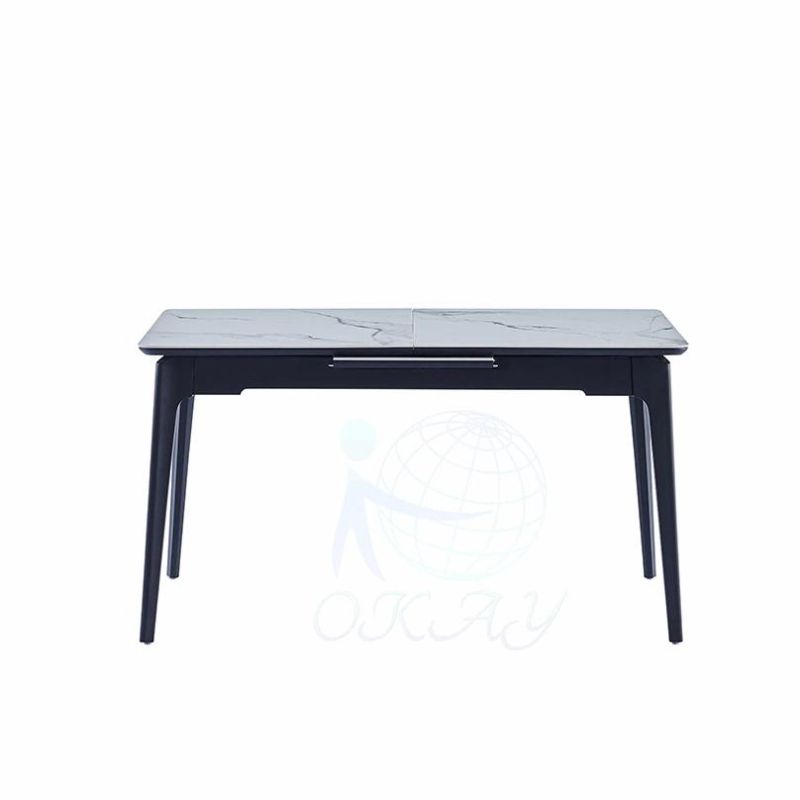 Hot Selling Popular Design Sintered Ceramic Stone Withe Black Top Wooden Leg with Powder Coated Dining Table