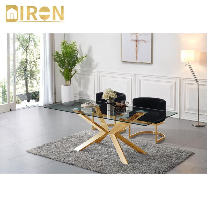 Modern Italian Dining Set Home Furniture Marble Top Gold Stainless Steel Dining Table