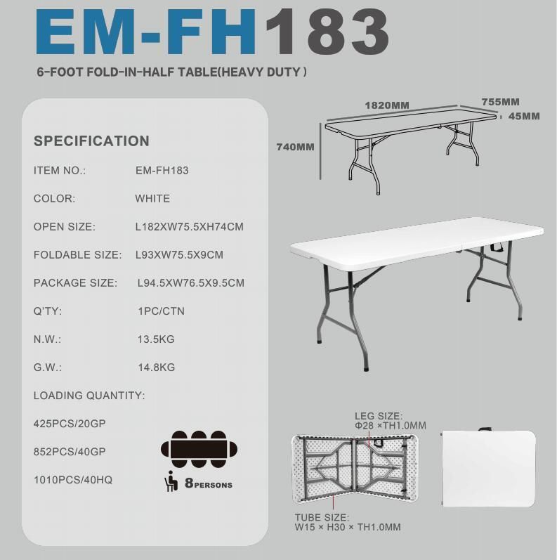 China Top High Quality Outdoor / Garden / Picnic Portable 6FT Plastic Rectangle Folding Dining Table Wholesale