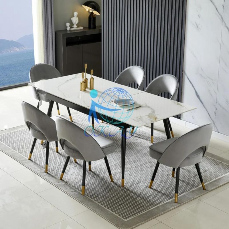 2022 Okay Best Seller High Gloss Italia Ceramic Dining Table with Metal Legs Lift Middle Top