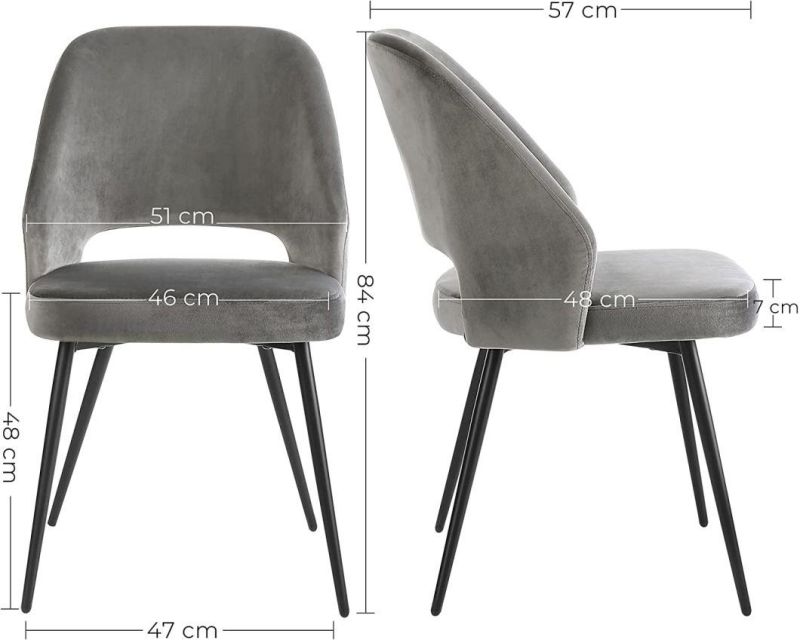 Kitchen Chairs Elvet Cover Soft Seat and Backrest Grey Upholstered Chairs with Metal Legs