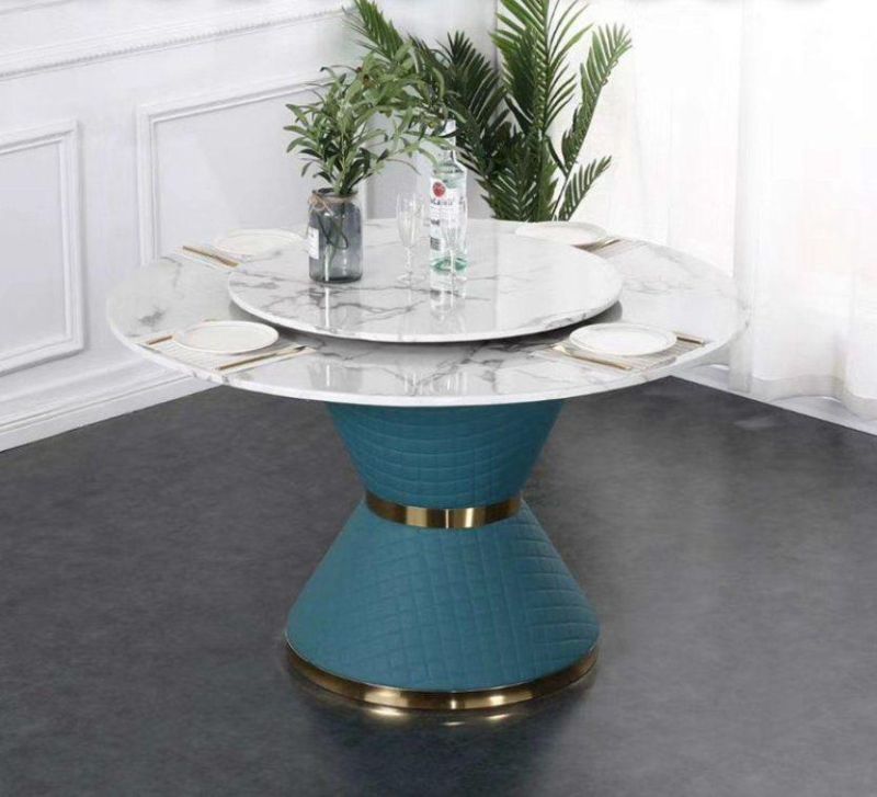 Round Table with Rotating Center Marble Dining Table with Leather Chairs