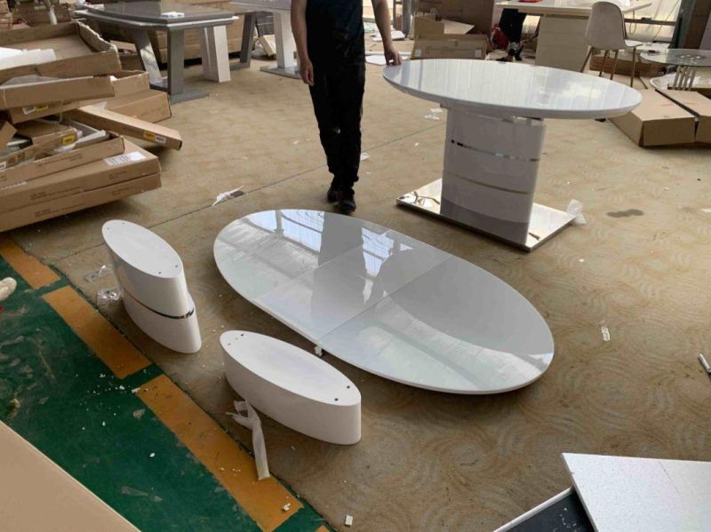 Moder Dining Room Furniture Oval MDF High Gloss Dining Table Covered Super White Glass on Top