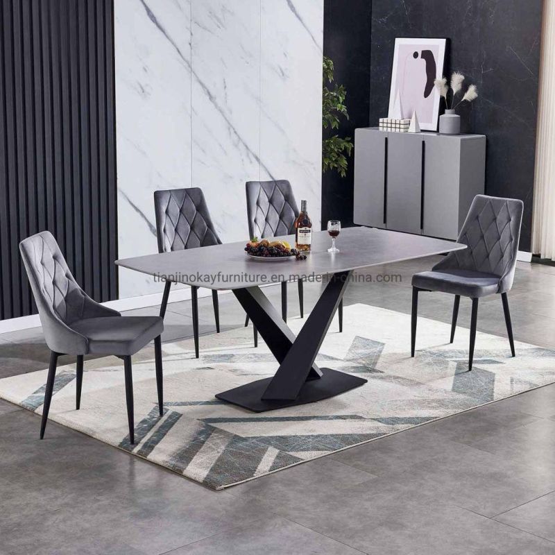 Marble Surface Slate Sintered Stone Top Modern Black Gold Color Ceramic Table with Metal Base Dining Table Sets