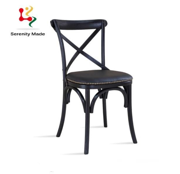 Wholesale Event Hire Furniture Black Wooden Cross Back Wedding Banquet Stackable Bentwood PU Leather Seat Dining Chair