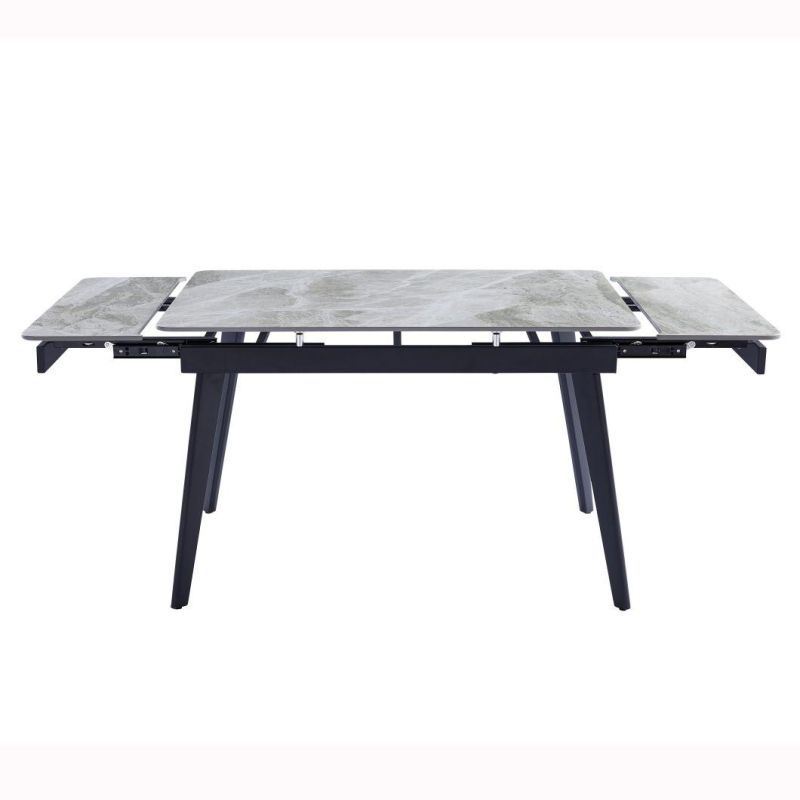 2021 Best Selling Italia Snow White Ceramic Dining Table Two Side Top Extension with Black Metal Legs