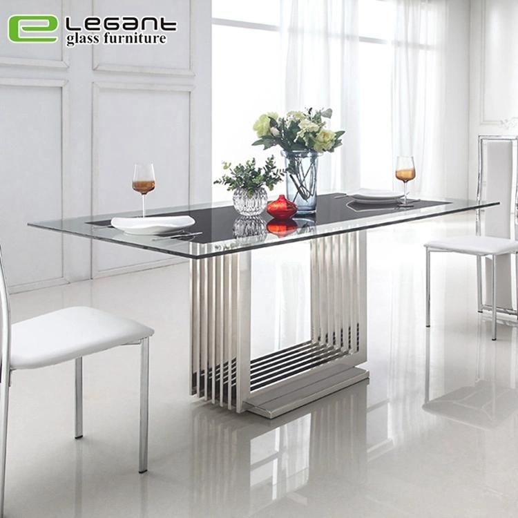 Black Painted Tempered Glass Dining Table with Stainless Steel Base