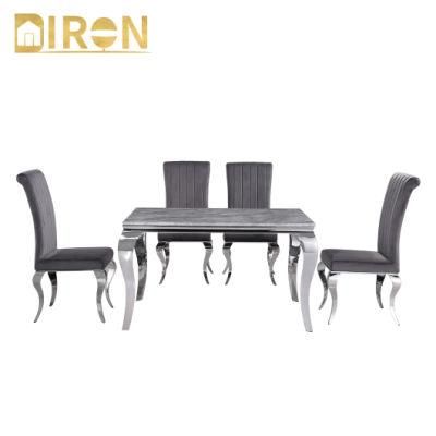 Modern Luxury Silver Stainless Steel Frame Marble Dining Table Home Restaurant Furniture Set