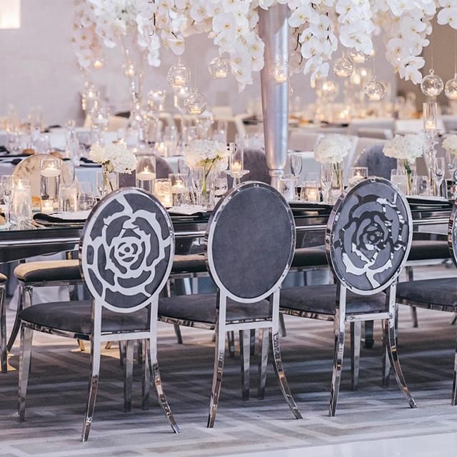 Modern Luxury Silver Stainless Steel Round Back Flower Dining Chairs