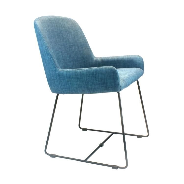 Blue Fabric Seat Armrest Metal Legs Dining Chair for Restaurant Use