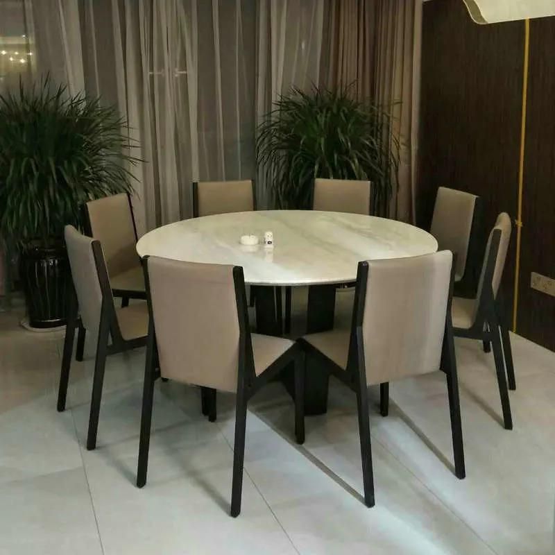Modern Dining Room Furniture Round Natural Marble Top with Solid Wood Base Dining Table