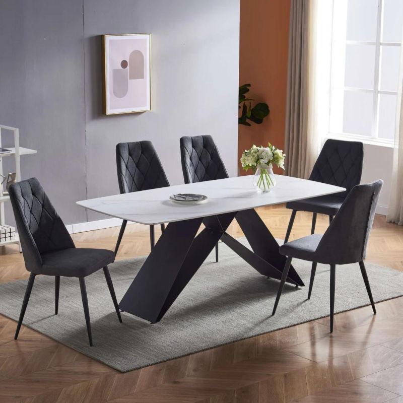 Hot Sellling Italia Marble White Ceramic Dining Table with Black Metal Frame