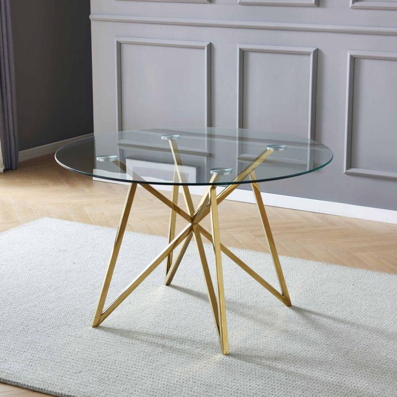 2022 Best Seller Home Furniture Modern Round Tempered Galss Table with Stainless Golden Chrome Legs