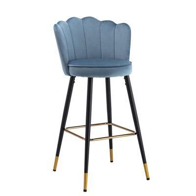 Modern Velvet Blue High Stool Cheap Commercial Bar Counter Chair with Metal Sleeves