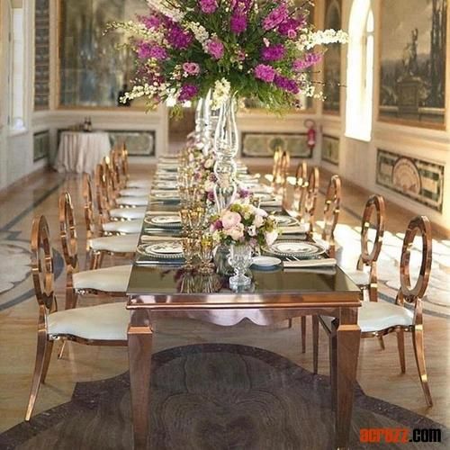 Factory New Fashion Design Party Wedding Table Gold Silver Stainless Steel Plating Marble Luxury Event Long Banquet Table