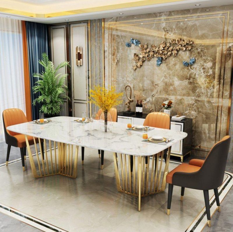 Customized Length and Color Metal Base Marble Top Dining Table